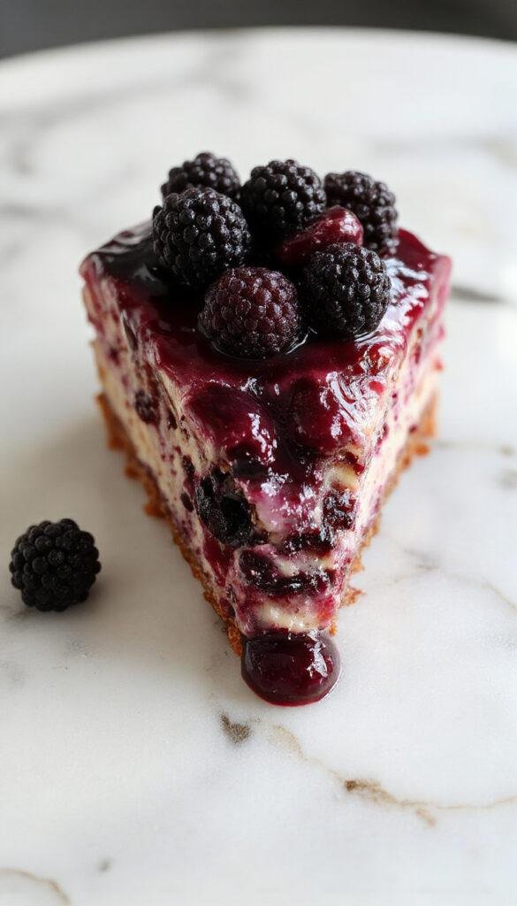 A slice of Midnight Blueberry Cheesecake topped with fresh blueberries and a glossy blueberry glaze, set on a dark elegant plate.