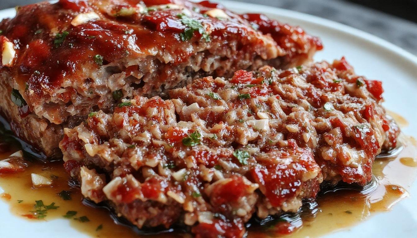 A beautifully sliced million dollar meatloaf on a white plate, showing its moist, tender interior with a golden-brown crust, garnished with fresh herbs, and accompanied by a side of mashed potatoes and green beans. The meatloaf's surface glistens slightly, highlighting its juiciness and rich texture.
