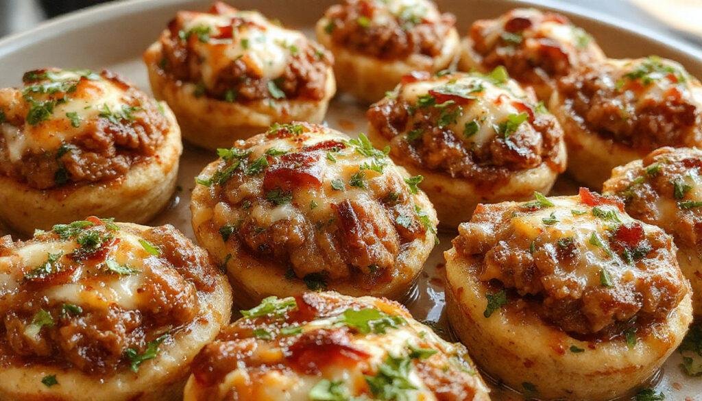 A close-up of golden-brown mini meatloaf muffins arranged on a rustic wooden plate, garnished with fresh herbs. The muffins have a slightly crispy crust with visible bits of ground meat and herbs, served with a side of roasted vegetables.