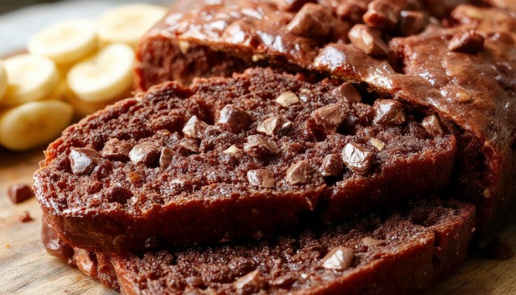 A sliced loaf of moist banana pumpkin chocolate bread on a rustic wooden plate, with golden-brown crust streaked with chocolate chips, surrounded by chunks of banana and pumpkin puree, with a warm, inviting fall ambiance and soft natural lighting highlighting the textures.