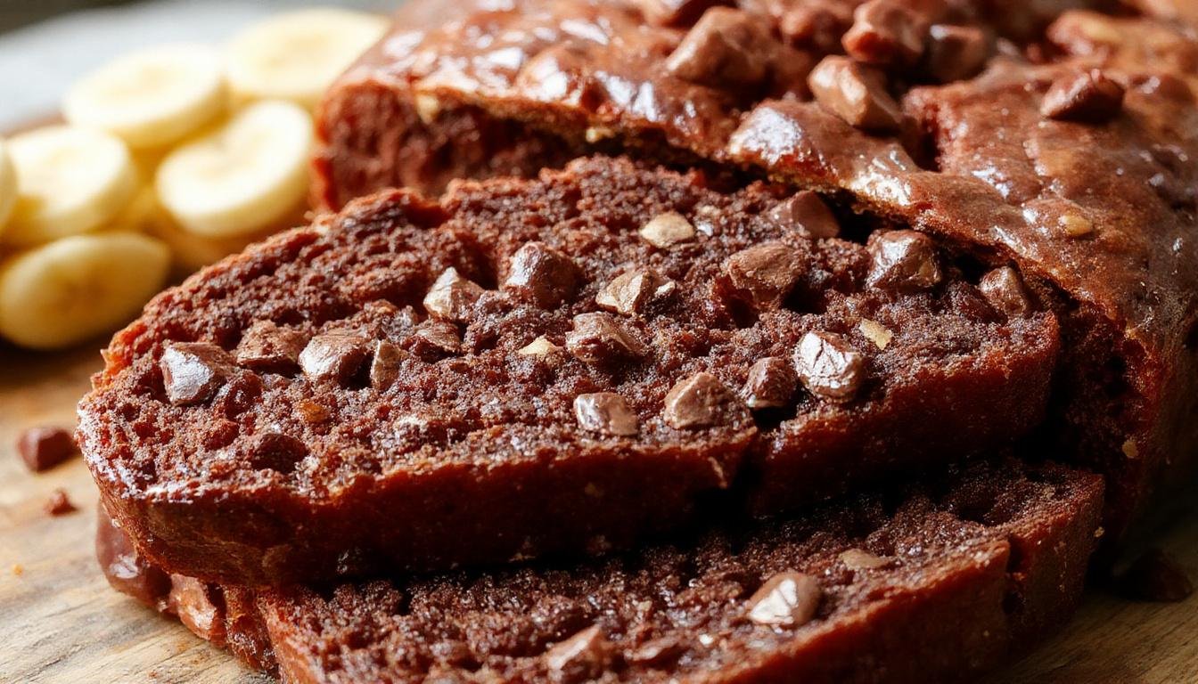 A sliced loaf of moist banana pumpkin chocolate bread on a rustic wooden plate, with golden-brown crust streaked with chocolate chips, surrounded by chunks of banana and pumpkin puree, with a warm, inviting fall ambiance and soft natural lighting highlighting the textures.