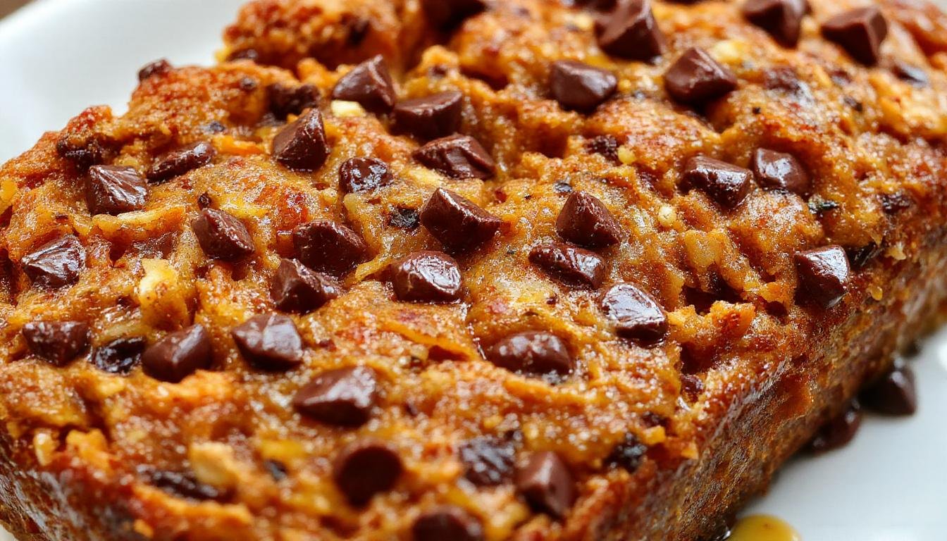 A slices of moist pumpkin zucchini bread with chocolate chips, showcasing a golden-brown crust and tender crumb dotted with dark chocolate chips, arranged on a rustic platter with a few slices fanned out to reveal the moist interior.