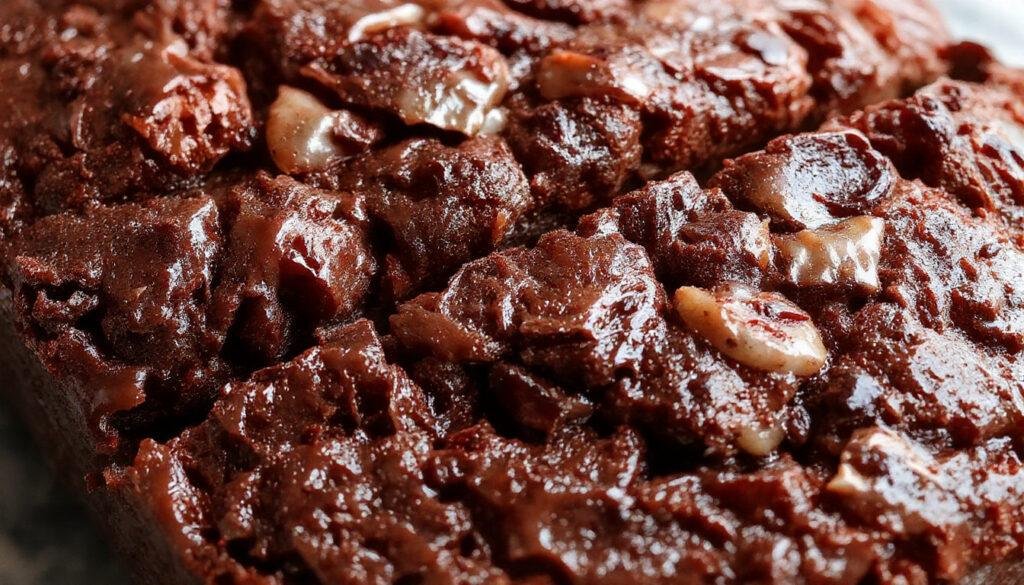 A slice of moist chocolate zucchini bread on a rustic wooden plate, topped with a dusting of cocoa powder and chocolate shavings, with a crumbly texture visible. The bread’s rich, dark brown crumb contrasts with vibrant green zucchini specks, set against a blurred background of a cozy kitchen scene, evoking warmth and indulgence.