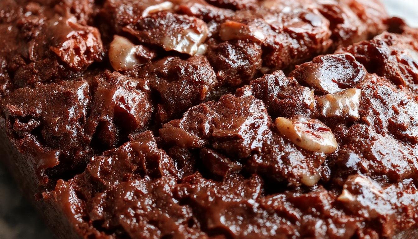 A slice of moist chocolate zucchini bread on a rustic wooden plate, topped with a dusting of cocoa powder and chocolate shavings, with a crumbly texture visible. The bread’s rich, dark brown crumb contrasts with vibrant green zucchini specks, set against a blurred background of a cozy kitchen scene, evoking warmth and indulgence.