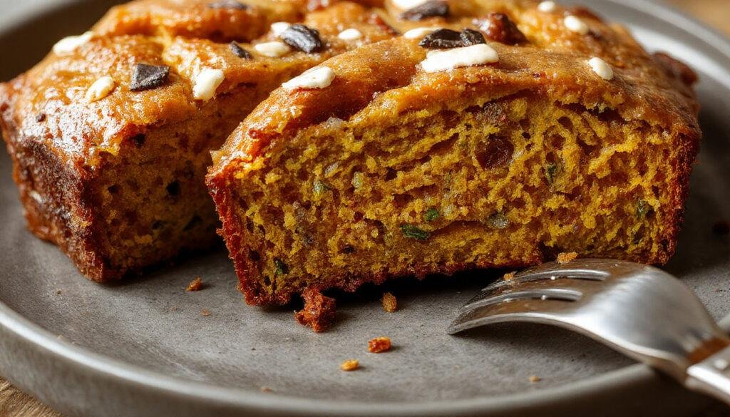 A close-up of moist pumpkin zucchini bread slices arranged on a rustic wooden platter, showcasing golden-brown crust and specks of grated zucchini inside, garnished with a light dusting of powdered sugar and a sprig of fresh mint on the side.