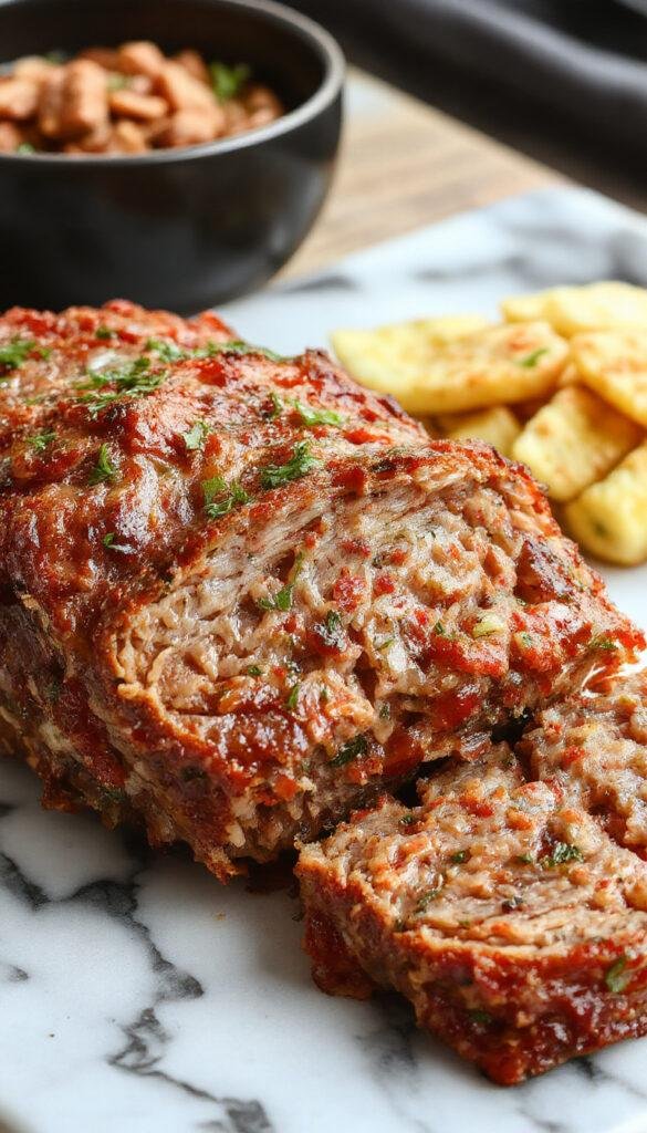 A juicy, moist meatloaf glazed with ketchup, served sliced alongside roasted vegetables on a rustic platter.