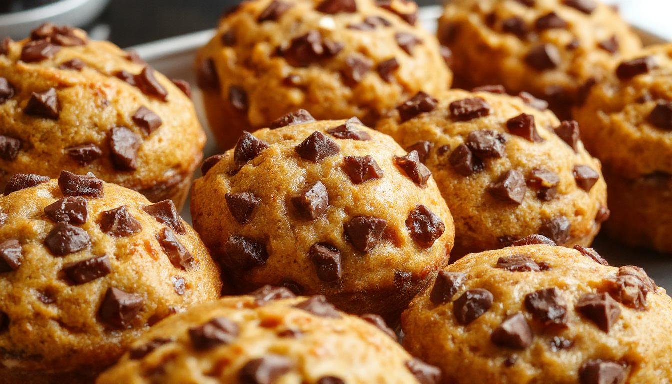A close-up of a freshly baked pumpkin muffin topped with melted chocolate chips and a sprinkle of cinnamon, presented on a rustic white plate with a few more muffins in the background, the warm tones of pumpkin and chocolate providing an inviting contrast.