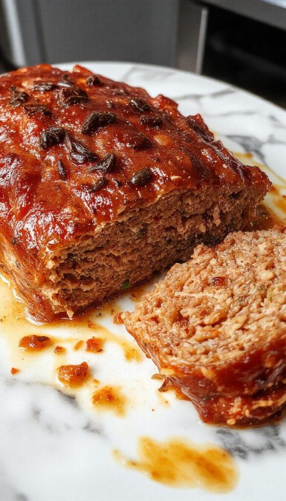 A delicious classic meatloaf sliced on a plate, topped with ketchup and garnished with fresh herbs, served alongside mashed potatoes and vegetables.