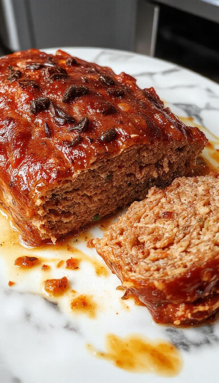 A delicious classic meatloaf sliced on a plate, topped with ketchup and garnished with fresh herbs, served alongside mashed potatoes and vegetables.