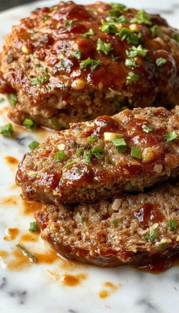 A hearty plate of Mom's easy and delicious meatloaf garnished with fresh herbs, served alongside mashed potatoes and green beans.