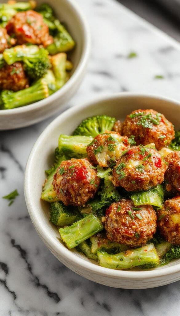 A plate of Mongolian meatballs served with steamed broccoli, garnished with green onions and drizzled with a savory sauce.