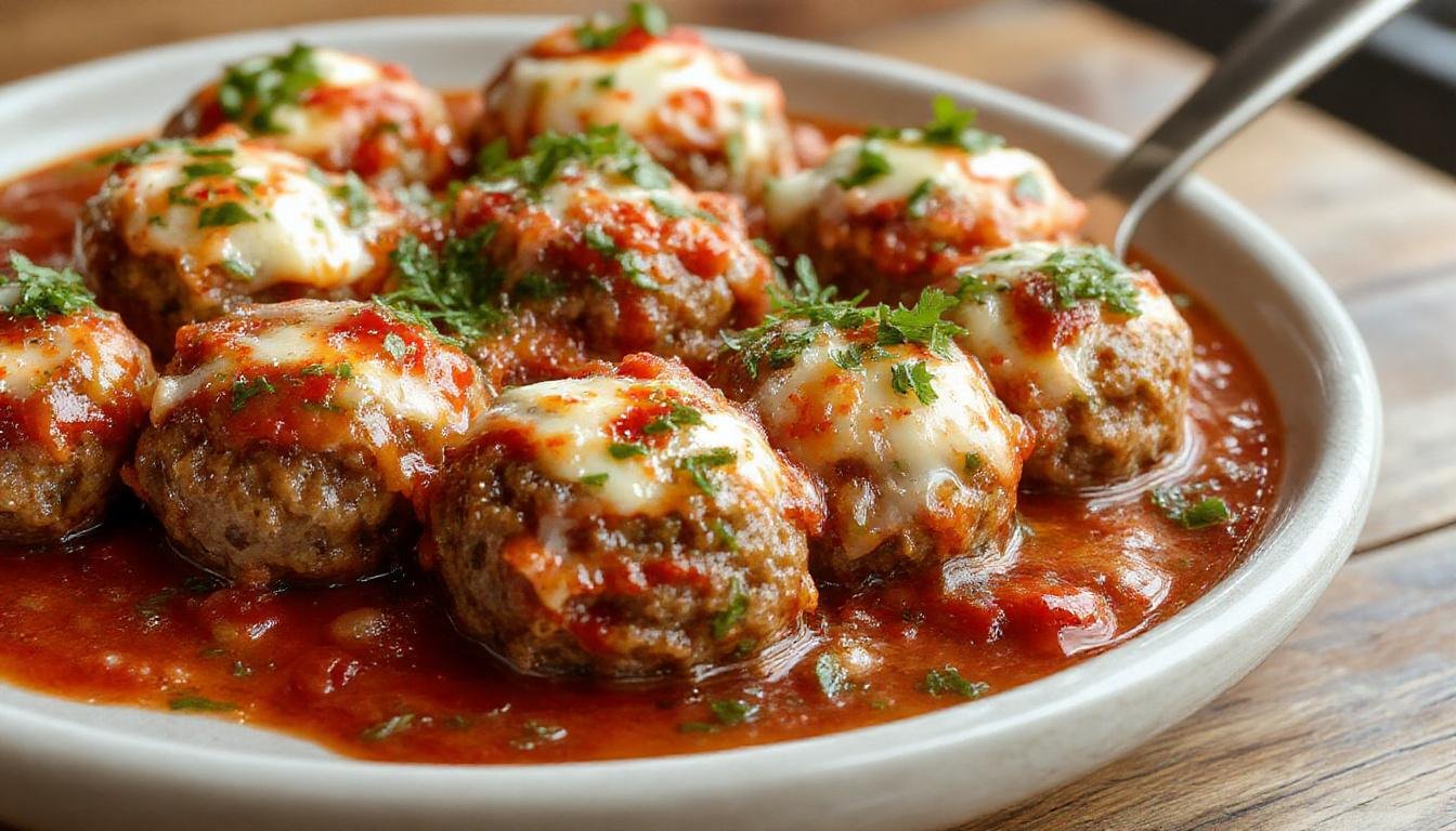 A close-up shot of golden-brown mozzarella-stuffed meatballs nestled in a rich, vibrant red marinara sauce. The meatballs are coated with melted cheese oozing out, garnished with fresh basil leaves for a pop of green. The dish is plated on a rustic white ceramic plate, with the glossy sauce surrounding the cheesy centers, inviting and appetizing.