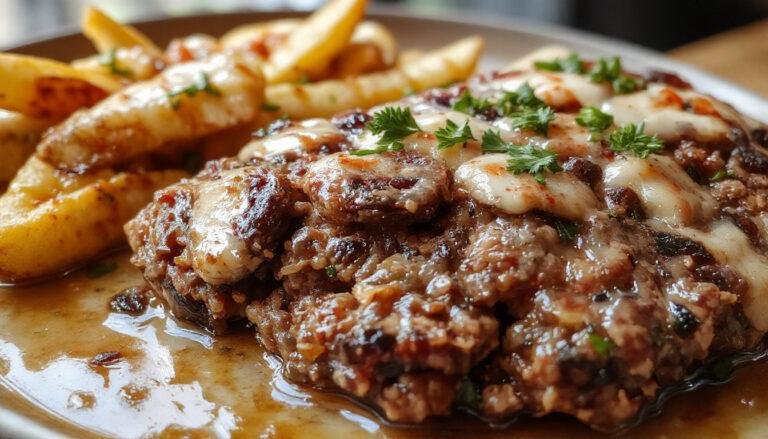 A golden-brown mushroom and Swiss cheese stuffed meatloaf sliced open to reveal a moist interior filled with sautéed mushrooms and melted Swiss cheese, garnished with fresh herbs on a rustic white plate.