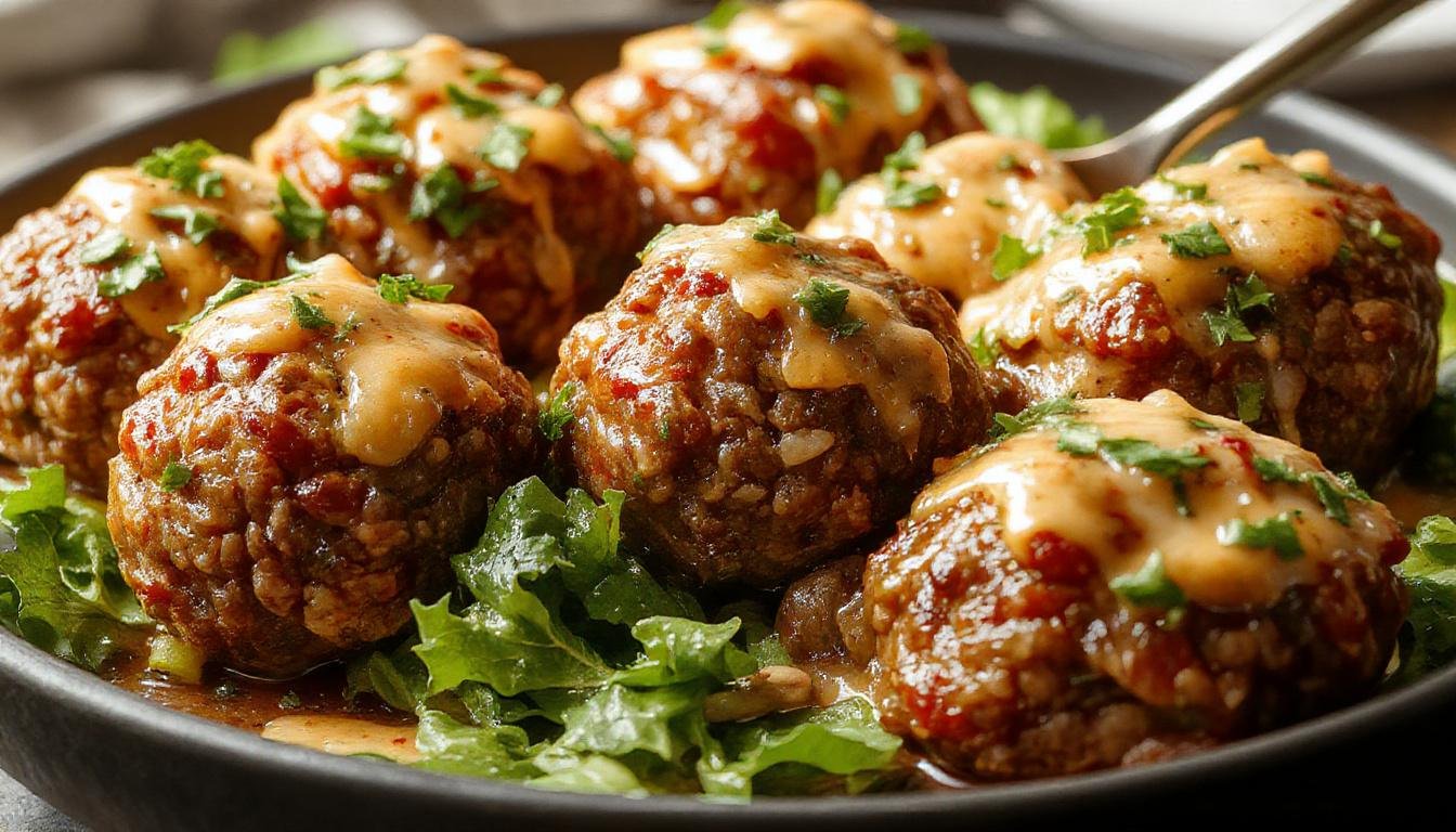 A close-up of a plate featuring golden-brown ground beef meatballs garnished with fresh herbs. The meatballs are perfectly round, glistening slightly, resting on a bed of rich tomato sauce with flecks of green herbs and grated cheese visible around the edges.