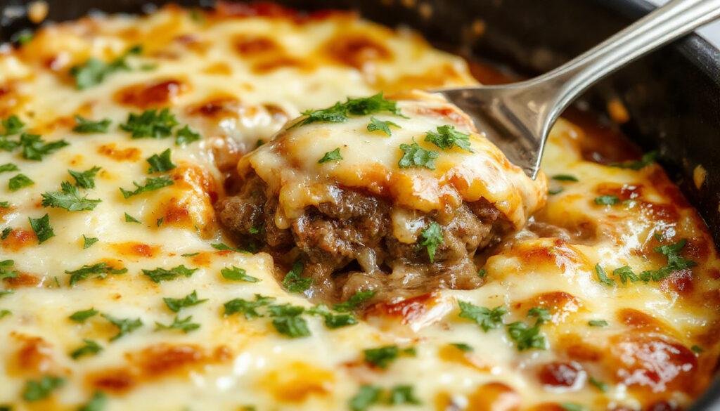 A golden-brown cheeseburger pie sliced open to reveal a melted cheese and seasoned beef filling, topped with crispy bacon bits and fresh chopped herbs on a rustic plate.