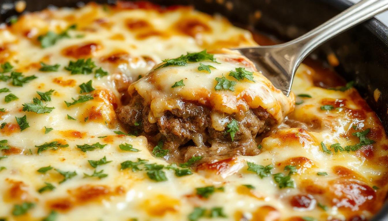 A golden-brown cheeseburger pie sliced open to reveal a melted cheese and seasoned beef filling, topped with crispy bacon bits and fresh chopped herbs on a rustic plate.