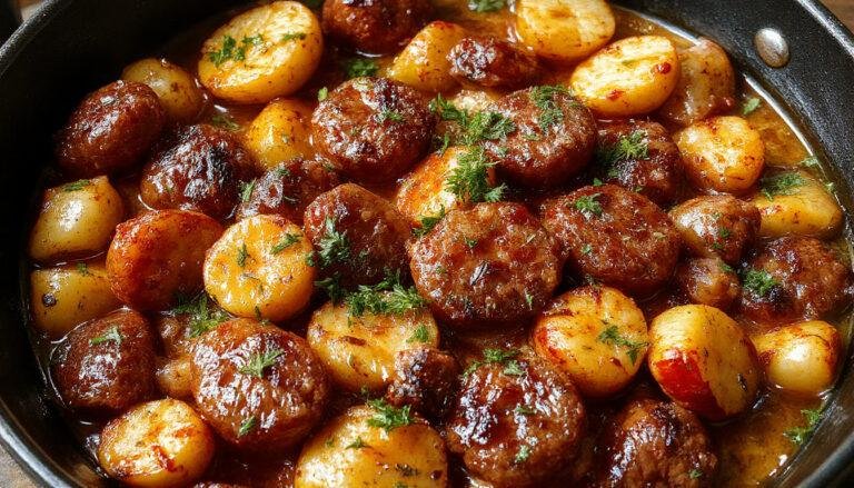A rustic skillet filled with golden-brown sliced sausages, crispy roasted potato chunks, and vibrant green herbs. The sausages have a caramelized exterior, surrounded by crispy potato pieces with a slightly charred appearance. The dish is garnished with fresh parsley, and the skillet is set on a wooden surface, evoking a warm, hearty meal.