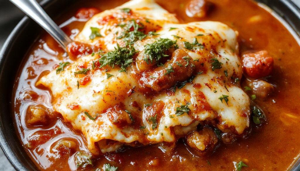 A steaming bowl of one-pot lasagna soup with layers of melted cheese, visible in a deep white bowl garnished with fresh basil. The rich tomato broth is dotted with pieces of ground meat, pasta, and cheese, with a rustic spoon resting beside the bowl on a wooden table.