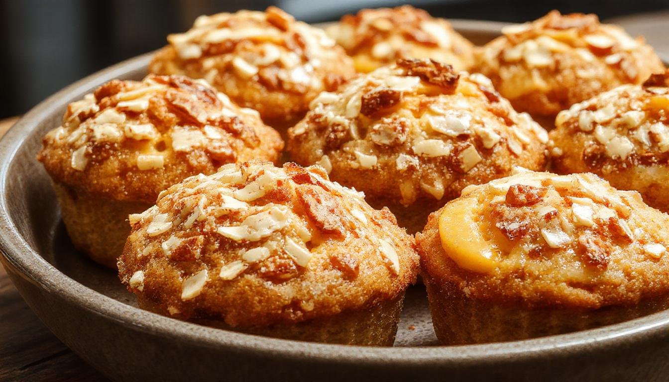Golden-brown peach muffins topped with a crunchy streusel layer, arranged in a neat row on a rustic wooden platter. Fresh peach slices and a scattering of cinnamon are visible on top, with a soft crumb texture and a slightly cracked surface in close-up shot.