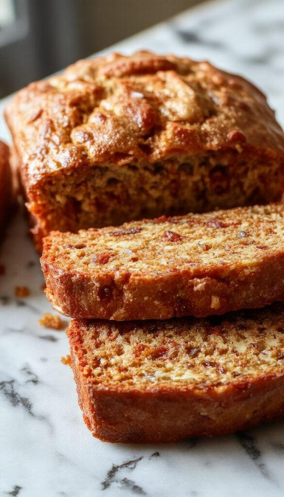 A slice of perfectly moist banana bread on a rustic wooden board, garnished with banana slices and a sprinkle of cinnamon.