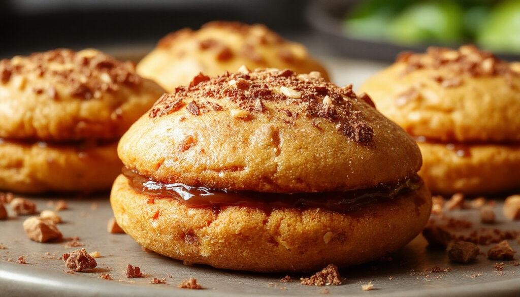 A pair of golden-brown pumpkin whoopie pies with a creamy filling, dusted lightly with cinnamon, presented on a rustic wooden surface with autumn leaves in the background.