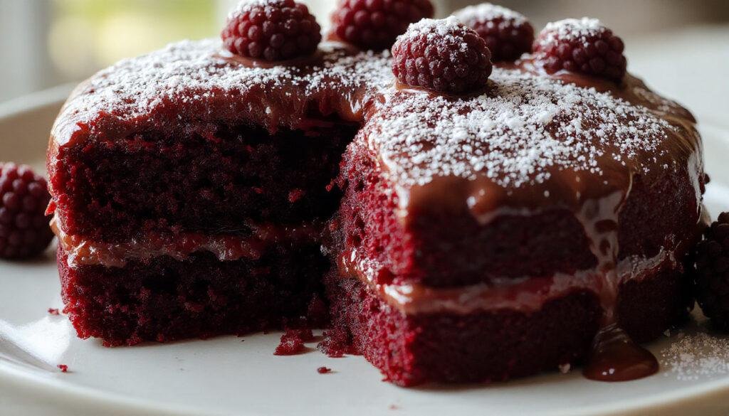 A luscious slice of black, ruby-red Blackberry Velvet Cake with smooth, velvety frosting topped with fresh blackberries and delicate edible flowers, elegantly layered on a stylish plate.