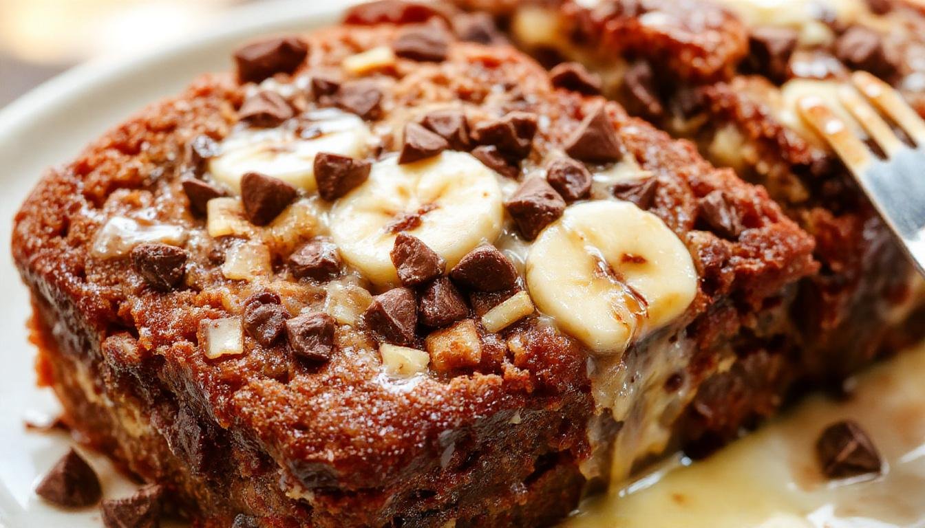 A slice of moist banana bread topped with semi-sweet chocolate chips, served on a rustic wooden plate with a fork beside it. The bread has a golden-brown crust and a tender crumb dotted with melty chocolate chips, with a few banana slices visible on the side. The background features a cozy, blurred kitchen setting with warm lighting.