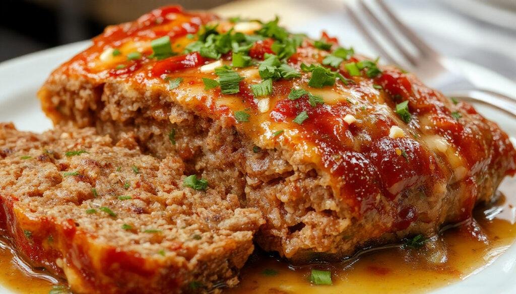 A rustic ceramic plate features slices of golden-brown meatloaf topped with a glossy tomato glaze, garnished with fresh parsley. The slices reveal a moist, finely textured interior with bits of glazed vegetables visible. The presentation is simple yet inviting, emphasizing the hearty, home-cooked appeal of the dish.