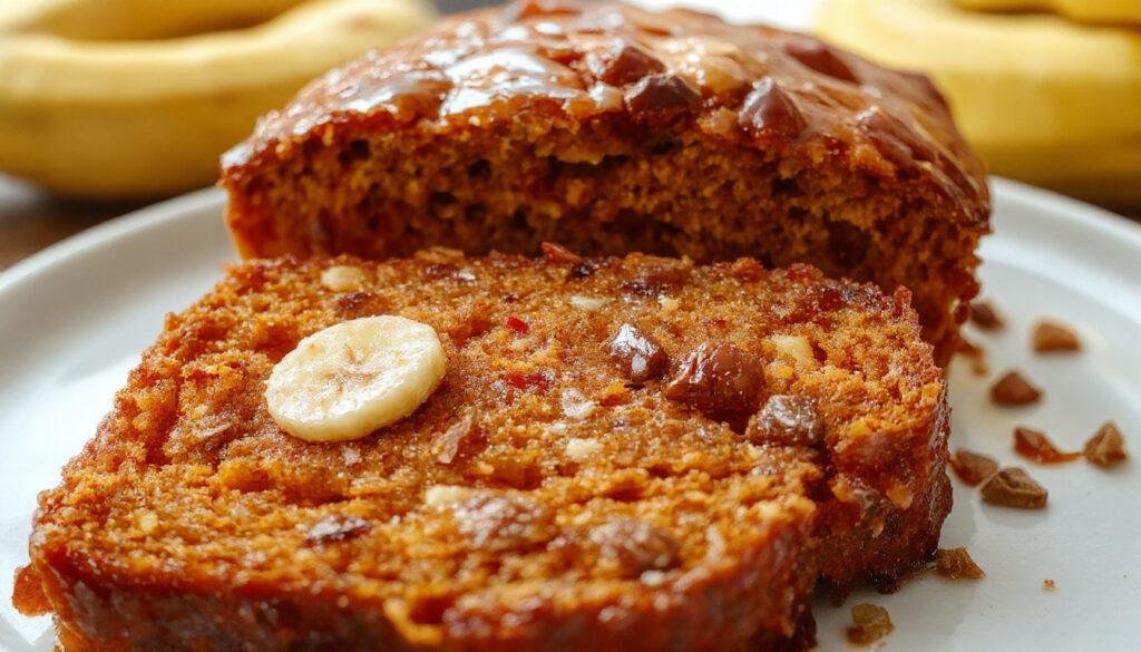 A sliced pumpkin banana bread loaf resting on a rustic wooden cutting board, showcasing its moist, golden-brown crust and tender, speckled interior with visible banana and pumpkin pieces. The slices are arranged neatly, revealing a dense yet fluffy crumb, with a few crumbs scattered on the board. Soft natural light highlights the textures and warm tones of the bread, creating an inviting and homemade feel.