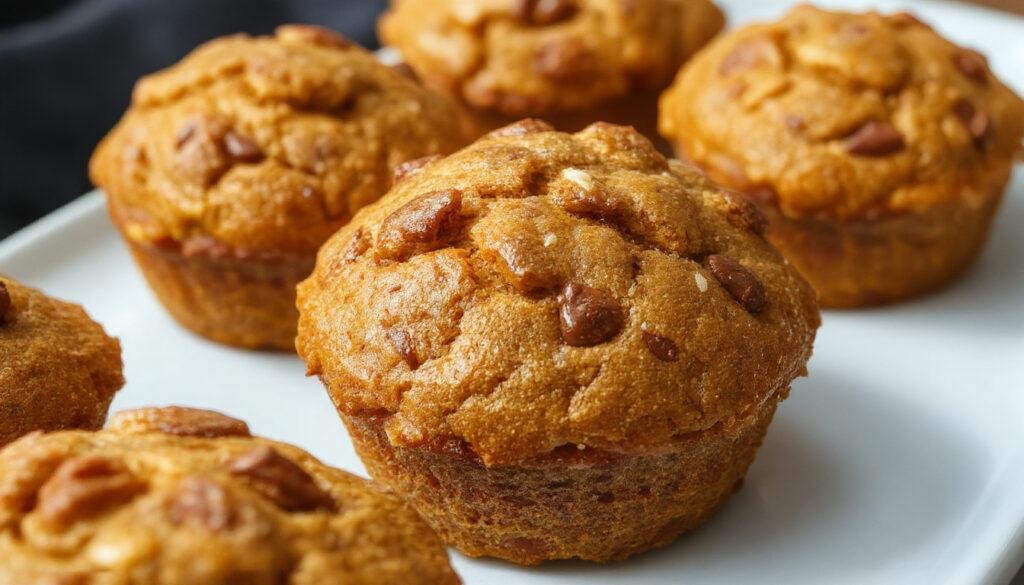 A close-up of golden-brown pumpkin banana muffins arranged on a rustic wooden platter, with a few muffins topped with a sprinkle of cinnamon. The muffins have a slightly cracked surface revealing a moist crumb inside, with hints of orange pumpkin and specks of banana visible. The presentation is styled with a linen napkin and a cinnamon stick, evoking a cozy, homemade bakery vibe.