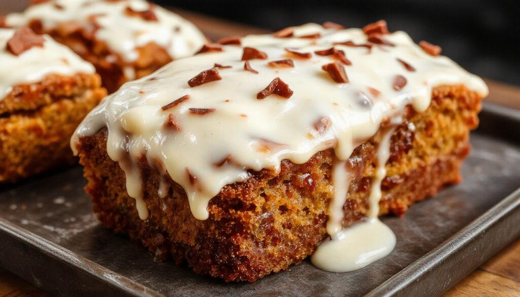 A golden-brown pumpkin bread loaf topped with a generous swirl of smooth cream cheese frosting, garnished with a sprinkle of cinnamon and nutmeg, sliced to reveal its moist, dense interior and tender crumb, presented on a rustic wooden board with fall-themed decorations.