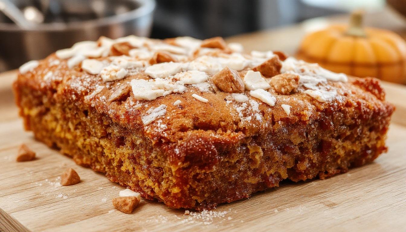 A freshly baked loaf of pumpkin bread with a golden-brown streusel topping, sliced to reveal its moist orange interior, placed on a rustic wooden board with a dusting of powdered sugar and a sprig of cinnamon. The streusel appears crumbly and caramelized, contrasting with the soft bread beneath.