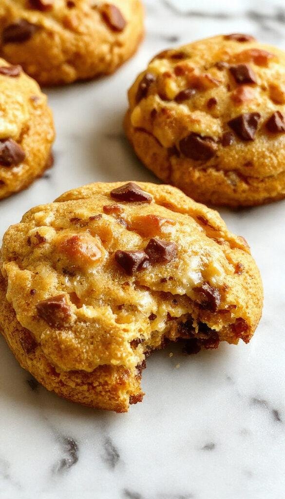 A plate of Pumpkin Cheesecake Cookies garnished with a dollop of whipped cream and cinnamon powder, sitting on a rustic wooden table.