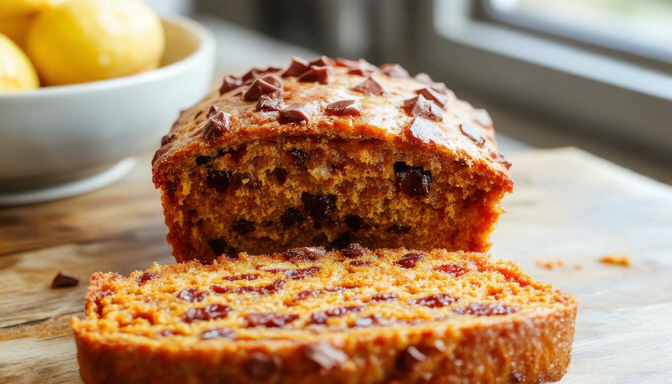A sliced pumpkin chocolate chip loaf placed on a rustic wooden table, revealing a moist, golden-brown crumb dotted with melty chocolate chips. The loaf has a slightly domed top with a crackled surface. Next to it, a few chocolate chips and a sprig of cinnamon add visual appeal, with soft natural lighting highlighting its textured surface.