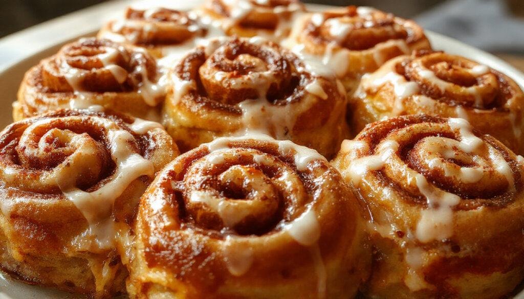 A close-up of golden-brown pumpkin cinnamon rolls topped with a generous drizzle of cream cheese frosting, nestled on a rustic wooden platter with a few cinnamon sticks and pumpkin pie spice scattered around. The rolls are soft with a moist, swirled interior visible through the glaze, inviting warmth and comfort.