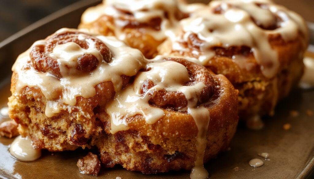 A close-up of freshly baked pumpkin cinnamon rolls topped with swirls of creamy coffee maple frosting, arranged on a rustic wooden platter. The rolls have a golden-brown exterior with visible cinnamon swirls and are garnished with a light dusting of powdered sugar. The frosting has a glossy, smooth texture contrasting with the fluffy interior of the roll. In the background, a cup of steaming coffee with a drizzle of maple syrup is partially visible.