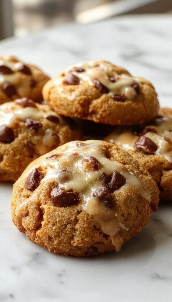 A plate of pumpkin coffee cake cookies garnished with a dusting of powdered sugar, surrounded by autumn leaves and a steaming cup of coffee.