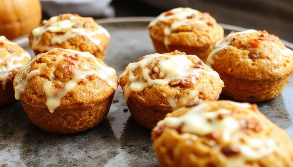 Golden-brown pumpkin cream cheese muffins with swirls of cream cheese visible on top, arranged on a rustic wooden tray with soft autumnal lighting highlighting their moist textures and appealing crackled surface.