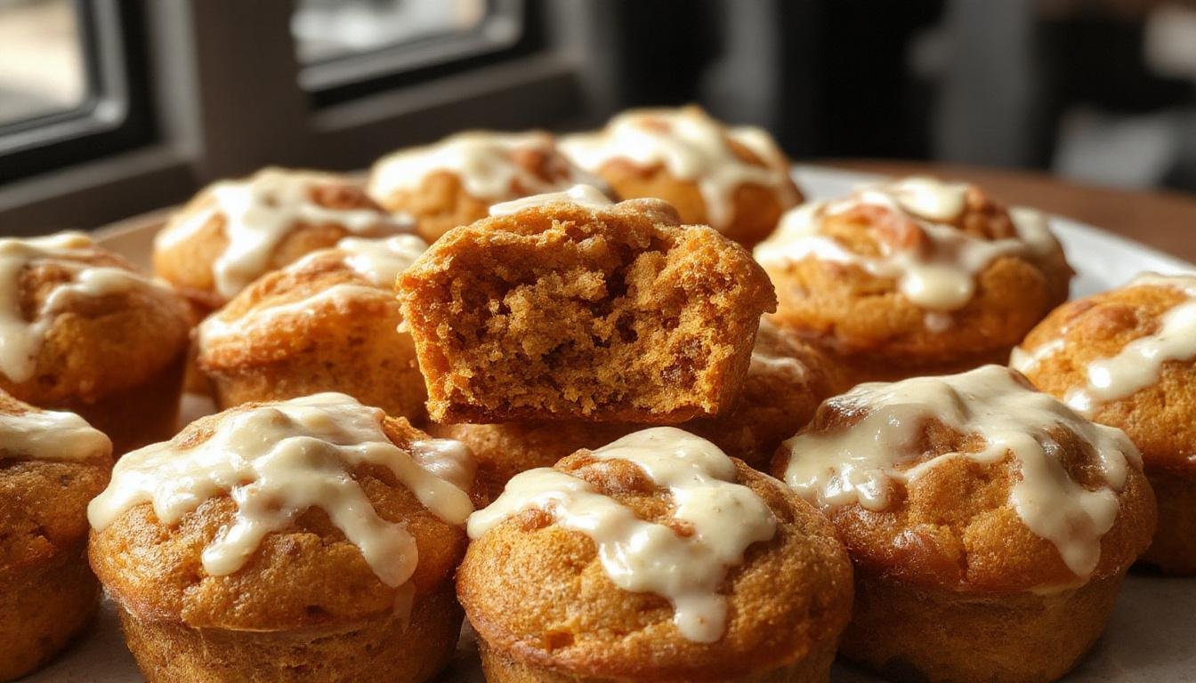 Golden-brown pumpkin cream cheese muffins with swirls of cream cheese filling visible on the top, arranged on a rustic wooden tray with a few muffins stacked, against a fall-themed background with hints of cinnamon sticks and pumpkin slices