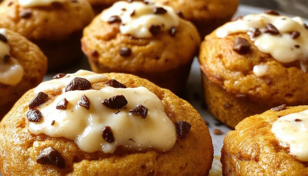 A close-up of two golden-brown pumpkin cream cheese muffins with a slightly cracked top, revealing a creamy filling oozing from the center. The muffins are neatly arranged on a rustic wooden plate, garnished with a sprinkle of cinnamon and a few small pumpkin seeds scattered around for a seasonal touch. The background features a softly blurred pumpkin and fall leaves, accentuating the warm, inviting atmosphere.