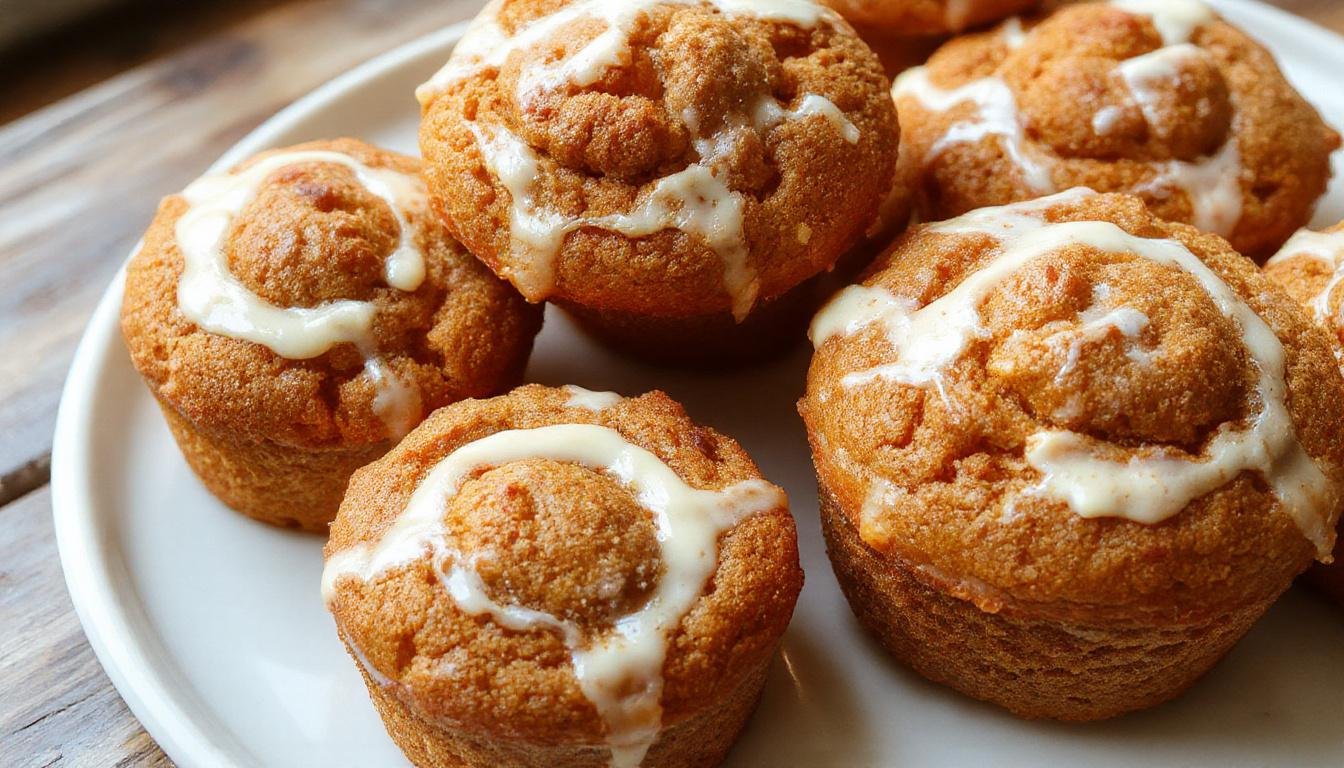 A close-up of freshly baked Pumpkin Cream Cheese Swirl Muffins arranged on a rustic wooden tray. The muffins have a golden-brown top with visible swirls of cream cheese filling peeking through. Some muffins are slightly cracked on top, showcasing their moist texture, with hints of orange pumpkin and creamy white filling visible. The background features a cozy fall setting with autumn leaves and a warm-toned cloth napkin.