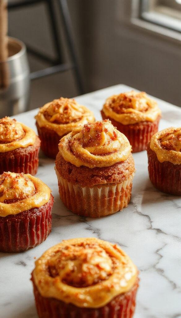 A stack of delicious pumpkin cupcakes topped with cream cheese frosting and sprinkled with cinnamon, set on a rustic wooden table.