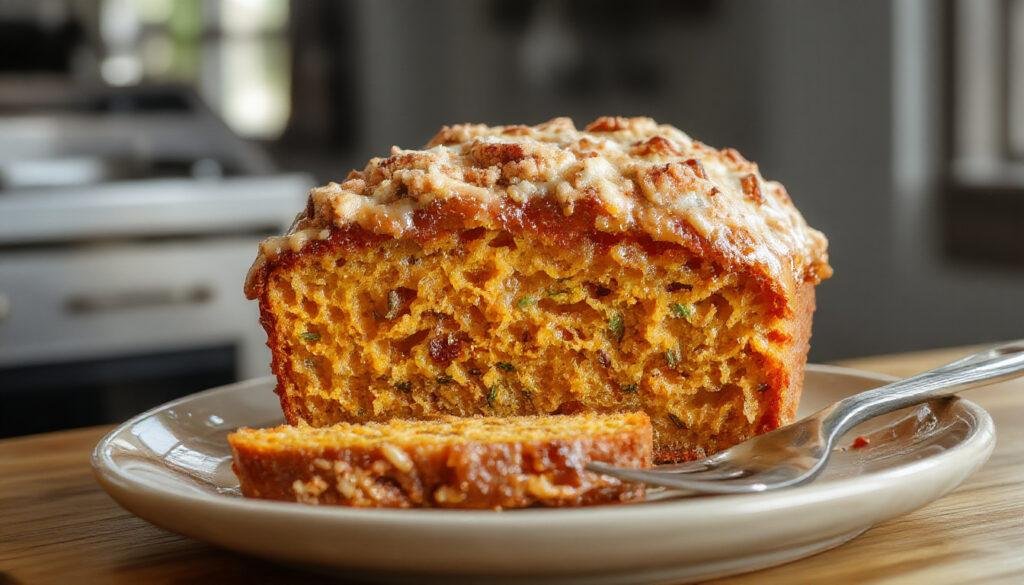 A sliced pumpkin loaf with a golden-brown streusel topping, served on a rustic wooden board. The loaf reveals a moist, orange interior with specks of cinnamon, topped with a crumbly streusel that contrasts in texture. The presentation is complemented by a scattering of cinnamon dust and a small bowl of streusel crumbs nearby.
