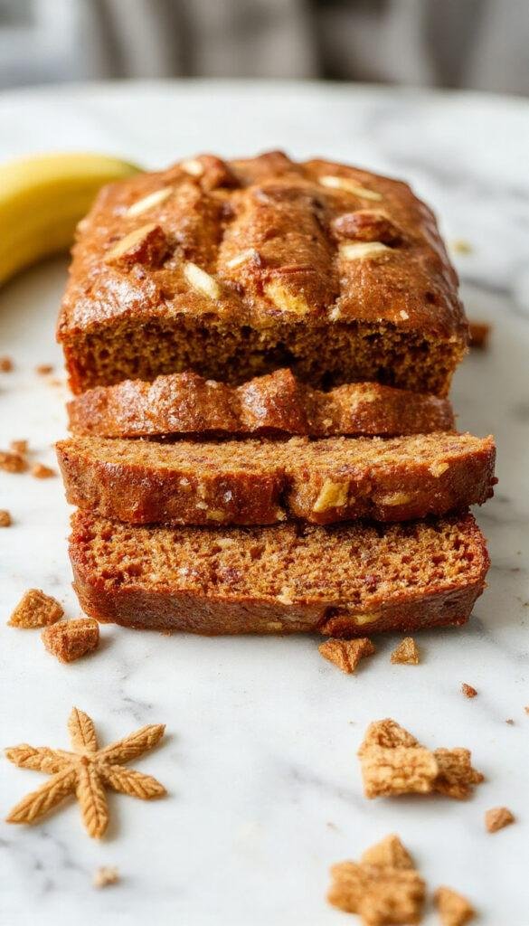A sliced loaf of Pumpkin Spice Banana Bread on a rustic wooden table, garnished with a sprinkle of cinnamon and fresh banana slices.