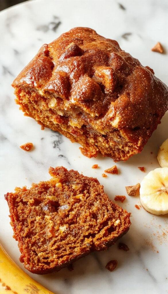 A freshly sliced pumpkin spice banana bread loaf garnished with a sprinkle of cinnamon and a few banana slices on a rustic wooden table.