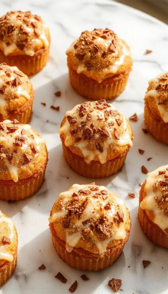 A batch of Pumpkin Spice & Everything Nice Cupcakes decorated with cinnamon swirls and adorable pumpkin toppers on a rustic wooden table.
