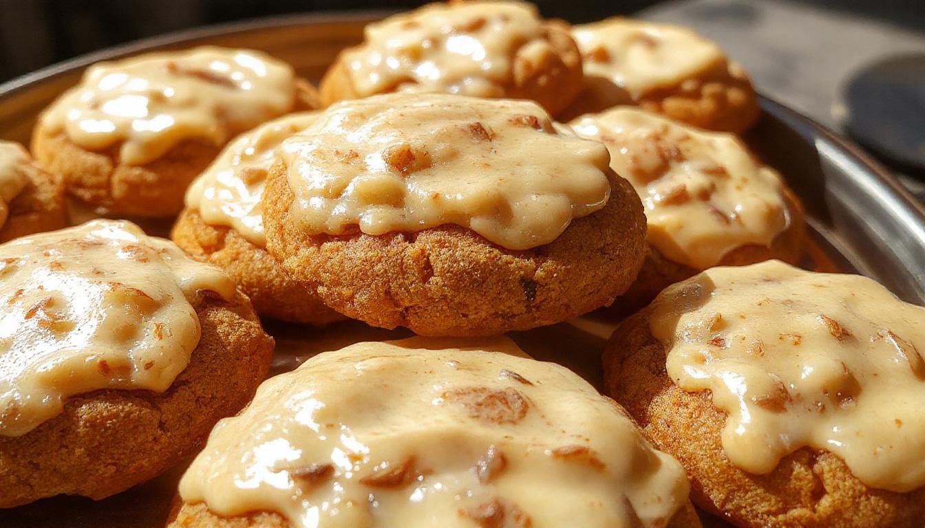 A close-up of freshly baked soft pumpkin cookies topped with a swirl of cinnamon frosting, arranged on a rustic wooden platter with sprinkled cinnamon and tiny pumpkin decorations in the background, highlighting their golden-brown edges and creamy frosting.