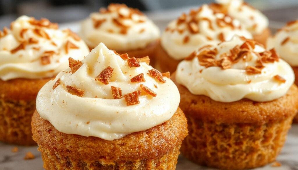 A batch of golden-orange pumpkin cupcakes topped with creamy white frosting, piped in decorative swirls, garnished with a sprinkle of cinnamon and tiny pumpkin decorations, arranged on a rustic wooden platter with a few nutshells and cinnamon sticks nearby.