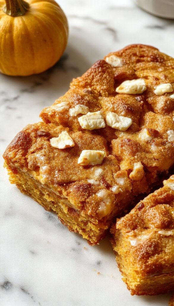 A slice of Pumpkin Streusel Bread topped with cinnamon crumble, showcasing its moist interior and golden crust.