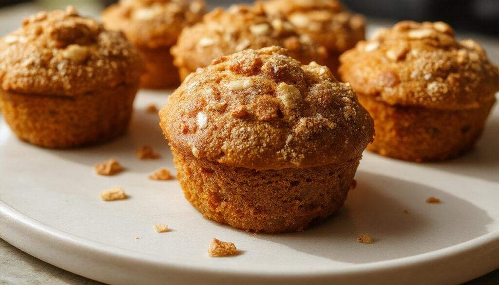 A close-up of two golden-brown pumpkin streusel muffins placed on a rustic wooden surface, topped with a crunchy streusel crumble. The muffins have a moist interior visible through a slight crack on one, with warm cinnamon hues. Soft natural light highlights the textured streusel topping and the tender, spiced pumpkin crumb.
